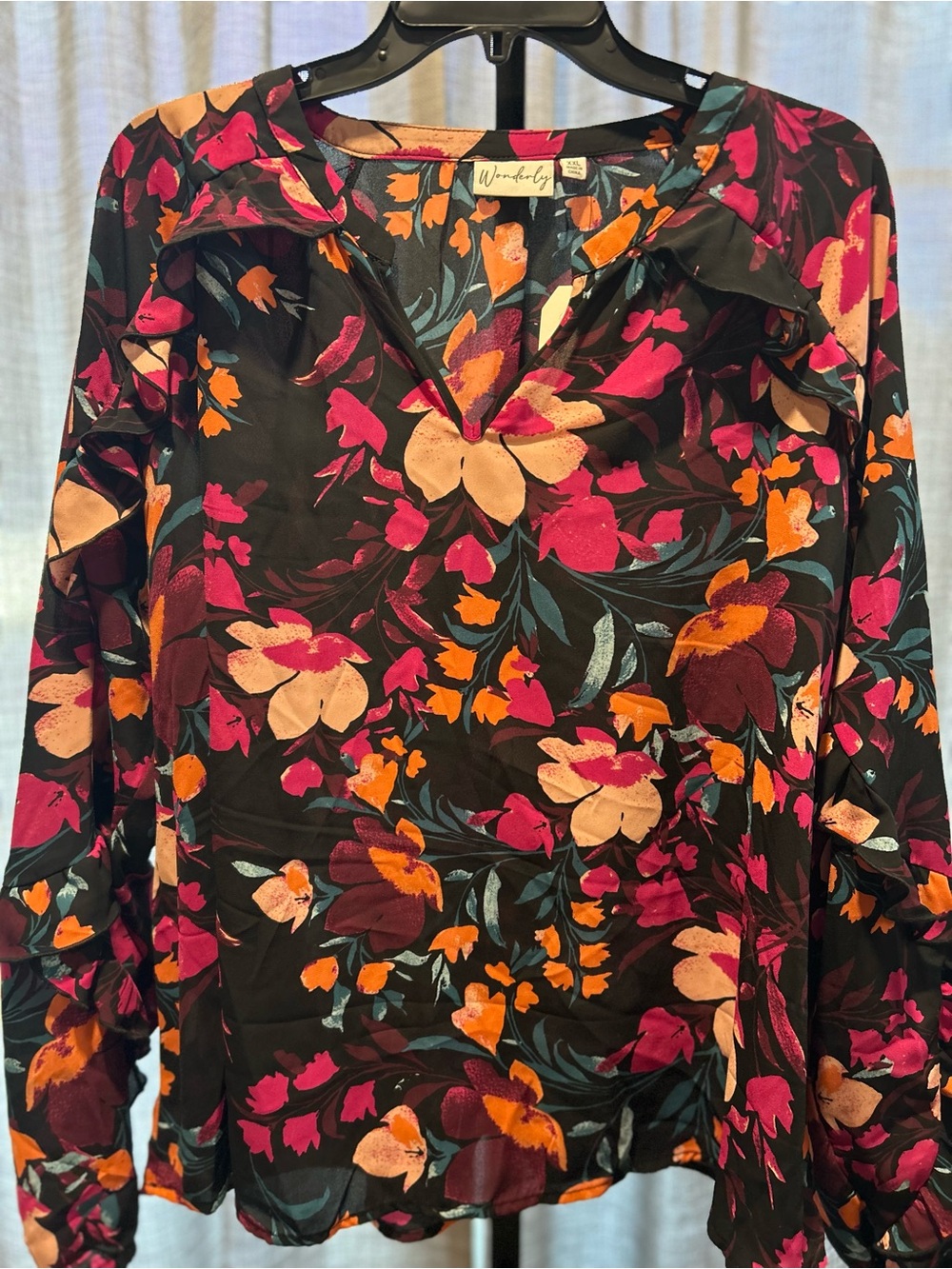 Wonderly Black Floral Ruffle V-Neck Blouse - Pink, Orange & Cream Accents